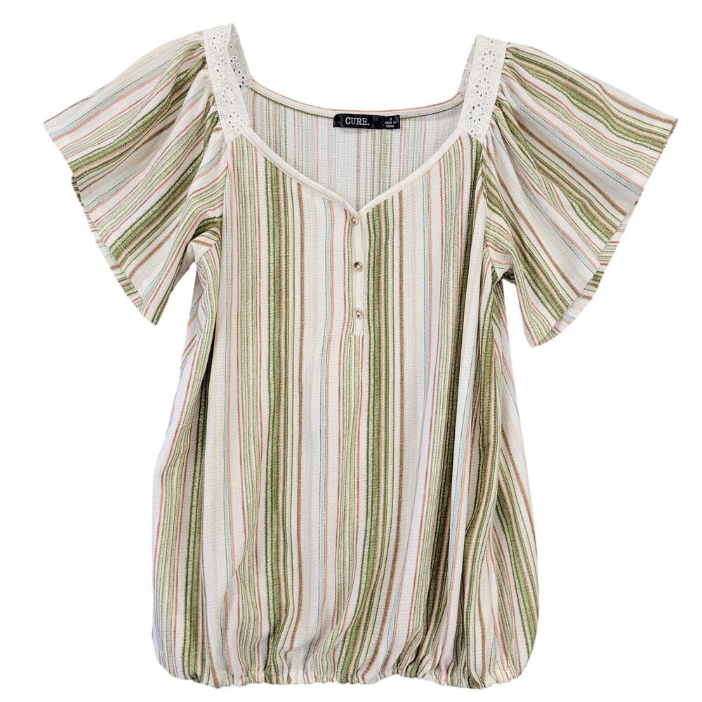 Cure Tan Shirt Stretch Striped Short Sleeves V-Neck Y2k Prairie Top Women Size S